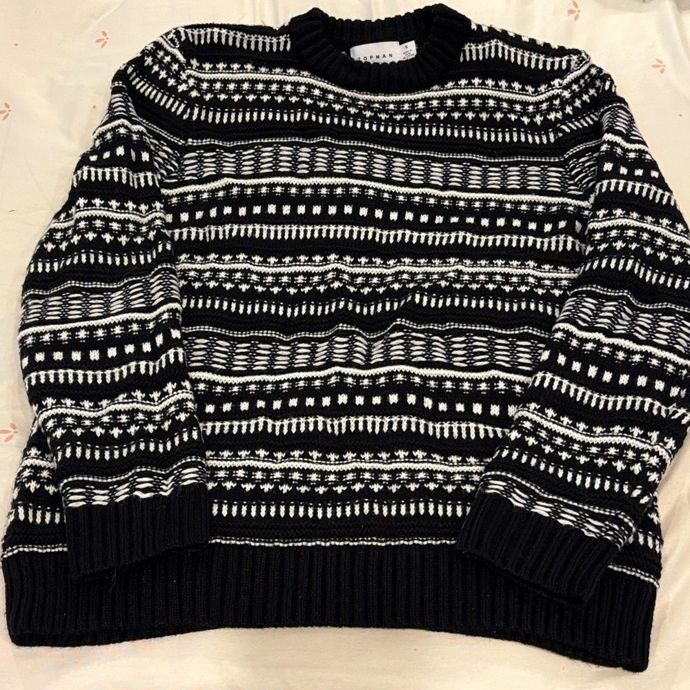 Topman Black and White Fair Isle Pattern Knit Crewneck Sweater - Size S